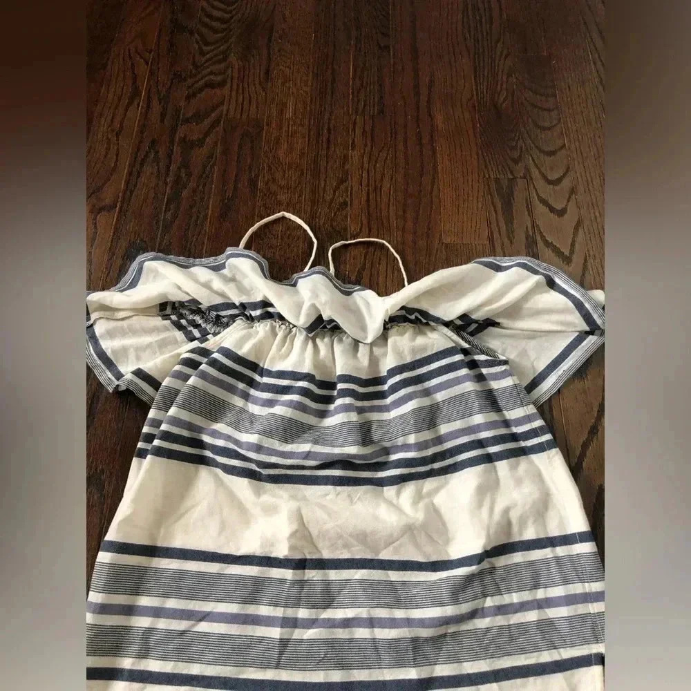 Splendid Women’s S Off-the-Shoulder Ruffle Overlay Blue/Off-White Striped Top - Picture 6 of 12